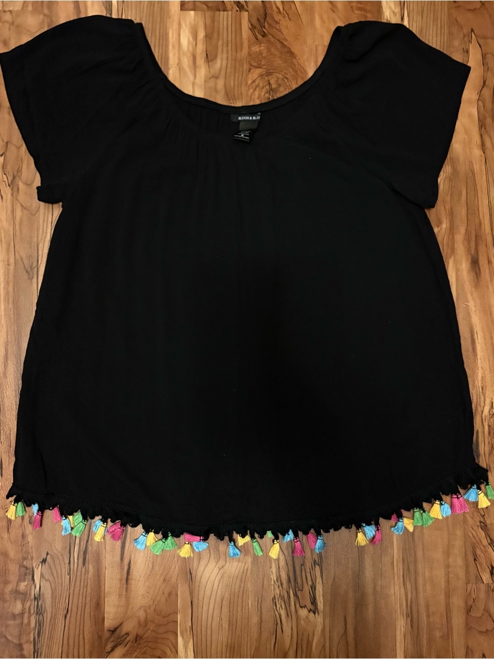 Blush & Bloom Black Short Sleeve Tassel Hem Top